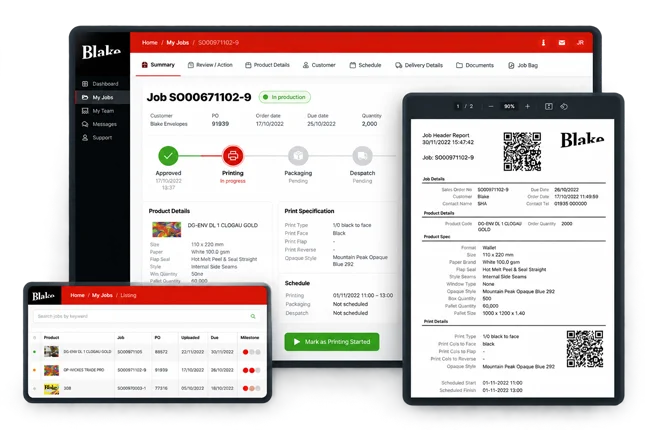 Production workflow showing job management, production status and job documentation
