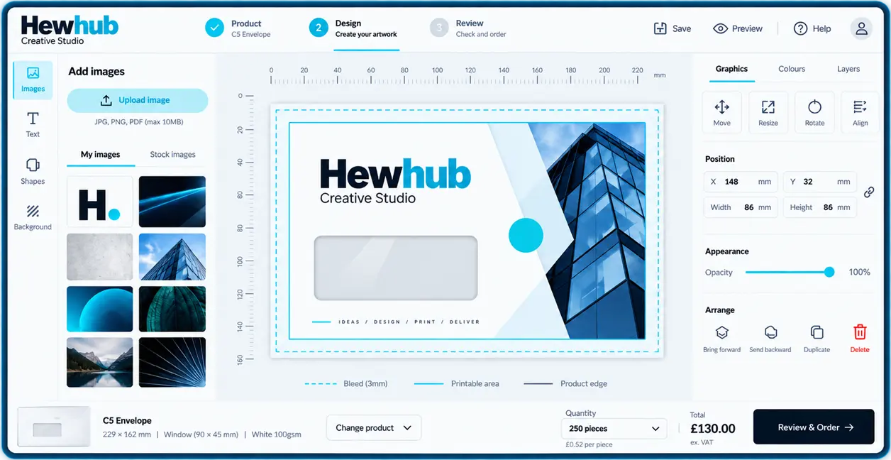 Web-to-print Creator interface showing artwork being designed directly against the selected product